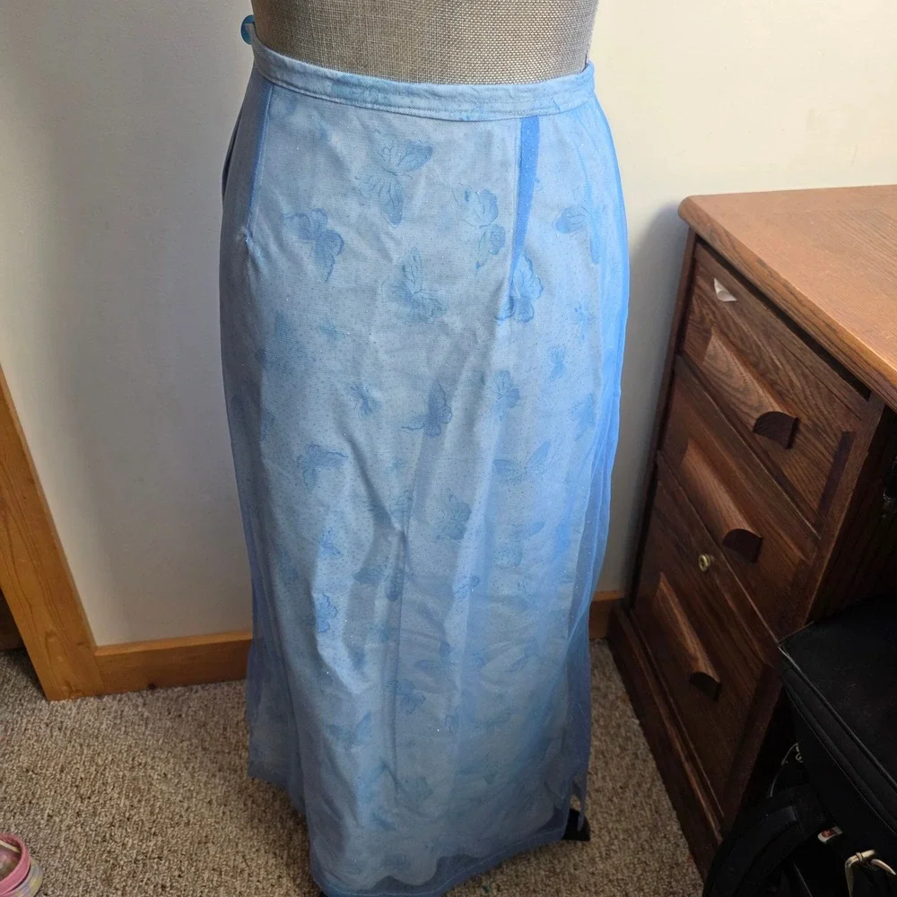 Vintage Handmade Blue Butterfly Mesh Maxi Skirt Fairycore Y2K Glitter Whimsy